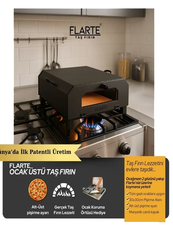 Flarte Ocak Üstü Taş Fırın Camlı Pro Model
