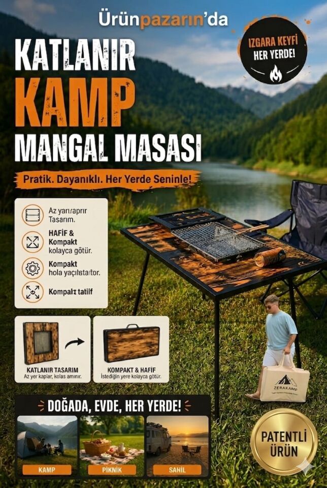 Katlanır Kamp Mangal Masası–Mangallı Taşınabilir Piknik Masası