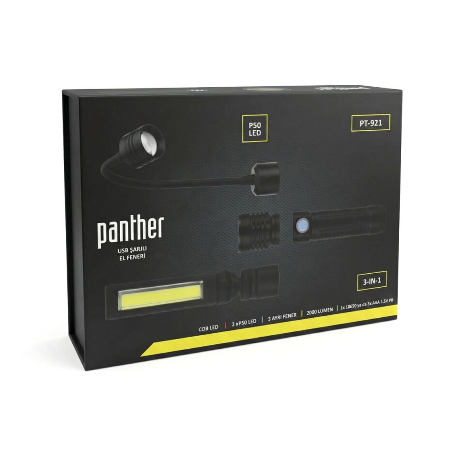 Panther PT-921 USB Şarjlı 3 Fonksiyonlu Modüler El Feneri