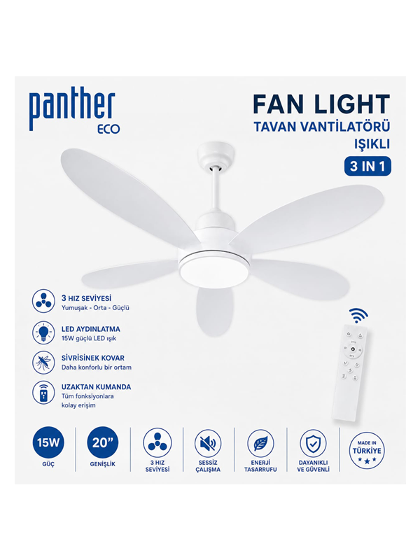 Panther Eco Fan Light 3İn1 Tavan Tipi Kumandalı Vantilatör