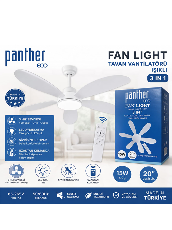 Panther Eco Fan Light 3İn1 Tavan Tipi Kumandalı Vantilatör