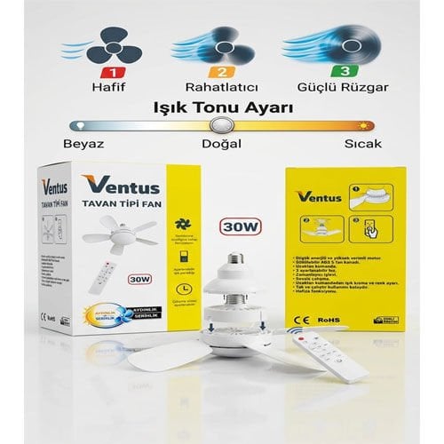 Ventus Sessiz Çalışma 5 Fan Kanat ve Işıklı Uzaktan Kumandalı Tavan Tipi Vantilatör