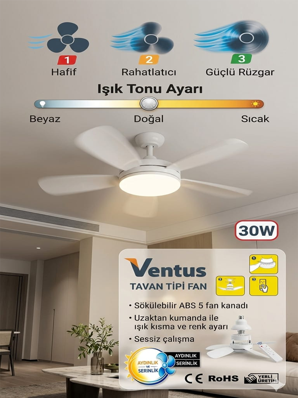 Ventus Sessiz Çalışma 5 Fan Kanat ve Işıklı Uzaktan Kumandalı Tavan Tipi Vantilatör