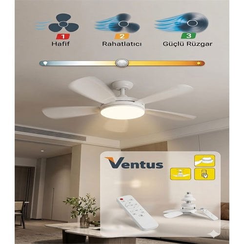 Ventus Sessiz Çalışma 5 Fan Kanat ve Işıklı Uzaktan Kumandalı Tavan Tipi Vantilatör