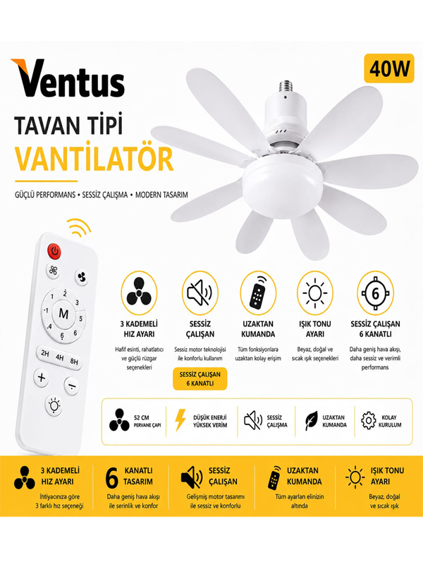 Ventus Sessiz Çalışma 6 Kanat ve Işıklı Uzaktan Kumandalı Tavan Tipi Vantilatör