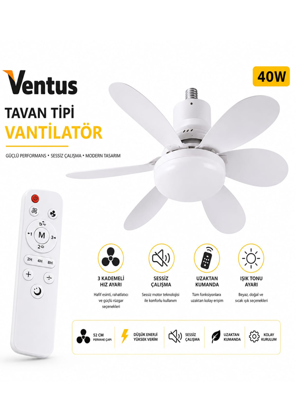 Ventus Sessiz Çalışma 6 Kanat ve Işıklı Uzaktan Kumandalı Tavan Tipi Vantilatör