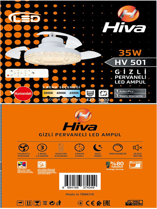 Hiva Hv-501 Gizli Pervaneli Led Ampul-Tavan Vantilatörü