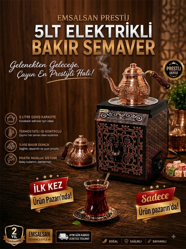 Emsalsan Prestij 5lt Elektrikli Bakır Semaver+Demlik Hediye