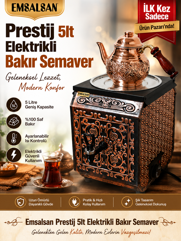 Emsalsan Prestij 5lt Elektrikli Bakır Semaver+Demlik Hediye