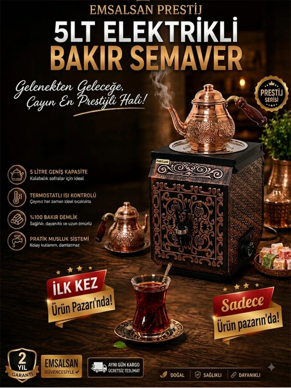 Emsalsan Prestij 5lt Elektrikli Bakır Semaver+Demlik Hediye
